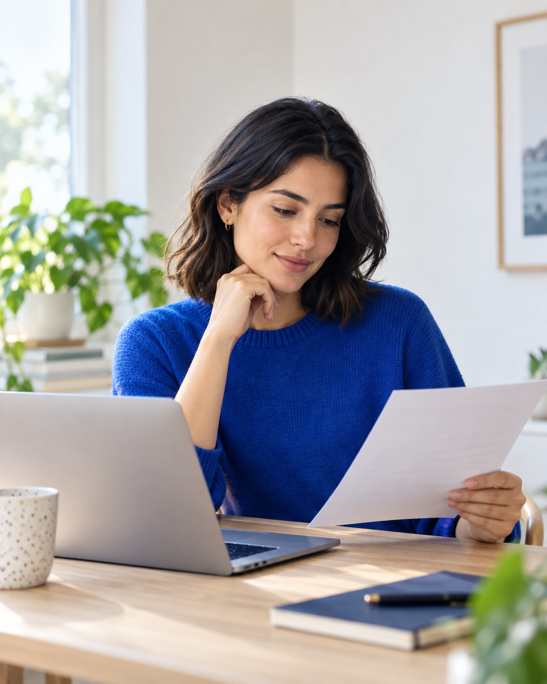 A professional reviewing her CV beside a laptop in a bright workspace